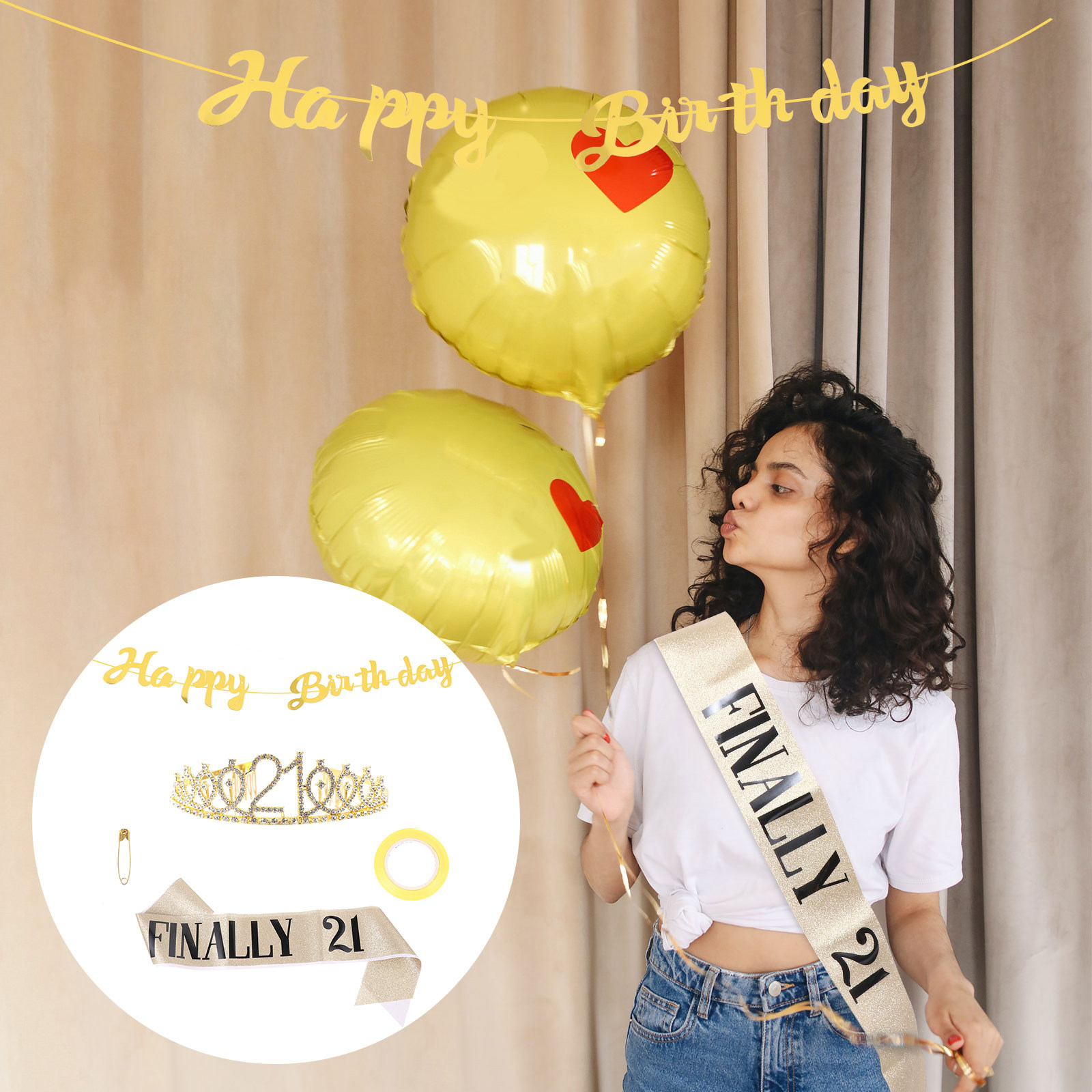 Birthday Sash Glitter - ชุดมงกุฎวันเกิดแบบกลิตเตอร์สีทอง พร้อมแบนเนอร์ปาร์ตี้แบบกลิตเตอร์ สายคาดเอวประดับเพชรหรูหรา อุปกรณ์ตกแต่งงานวันเกิด ชุดสายคาดเอวและมงกุฎ