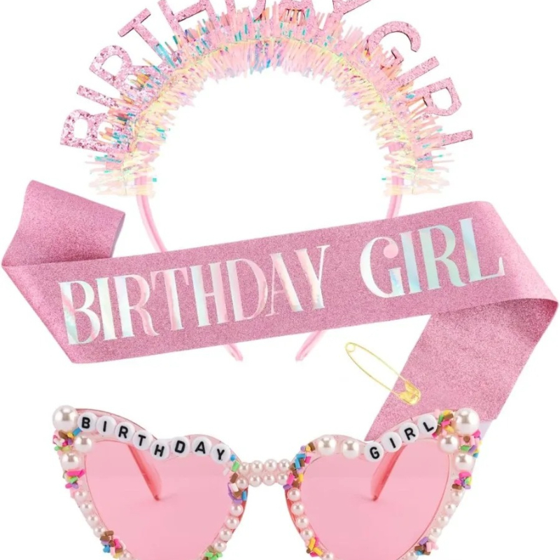 Birthday Sash Glitter - สายคาดผมวันเกิดสำหรับสาวน้อย ที่คาดผมประดับกลิตเตอร์ มงกุฎ แว่นกันแดด สีชมพู ของตกแต่งวันเกิด