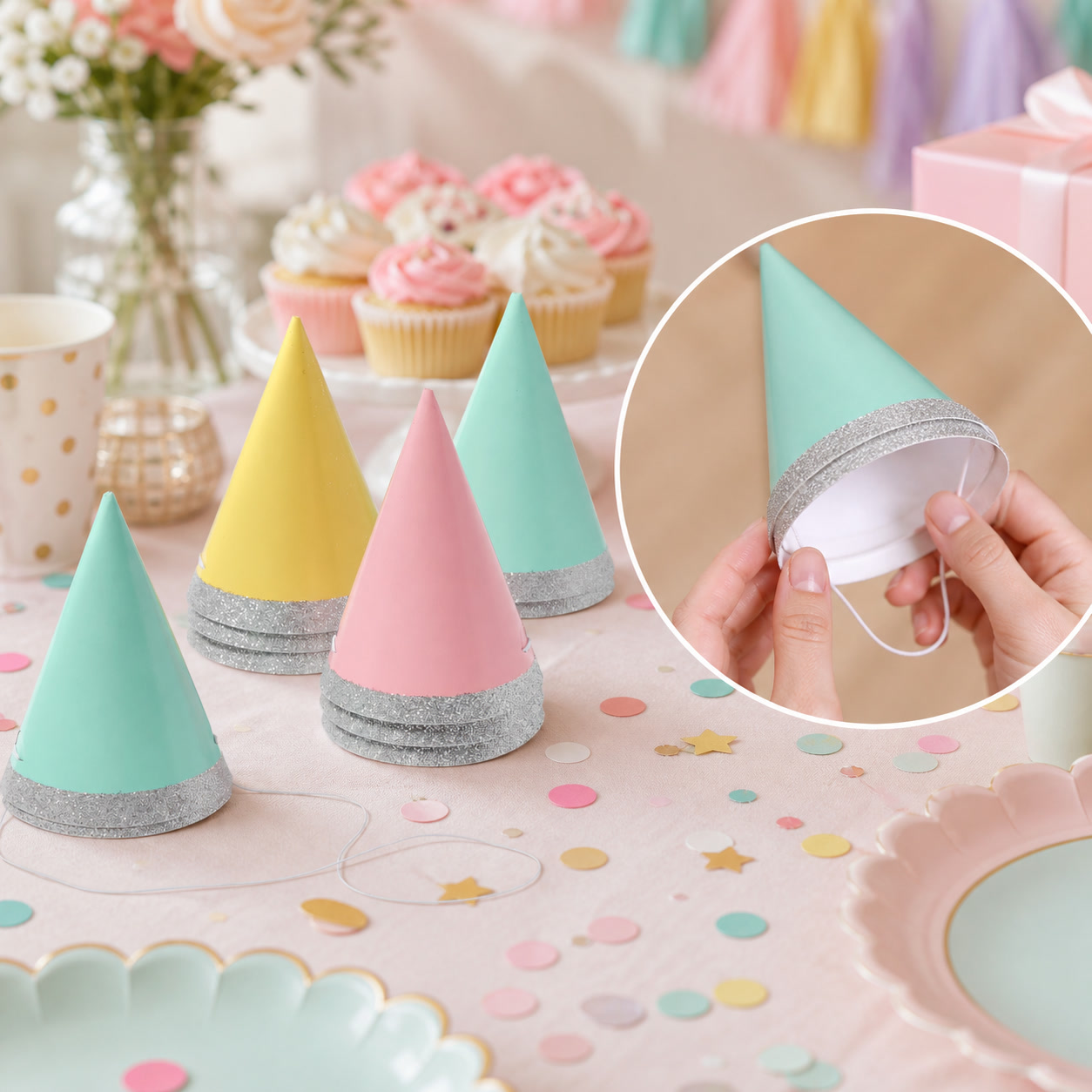 Party Hat Cone - หมวกปาร์ตี้ขนาดเล็ก 4 นิ้ว 10 ชิ้น สีพาสเทล