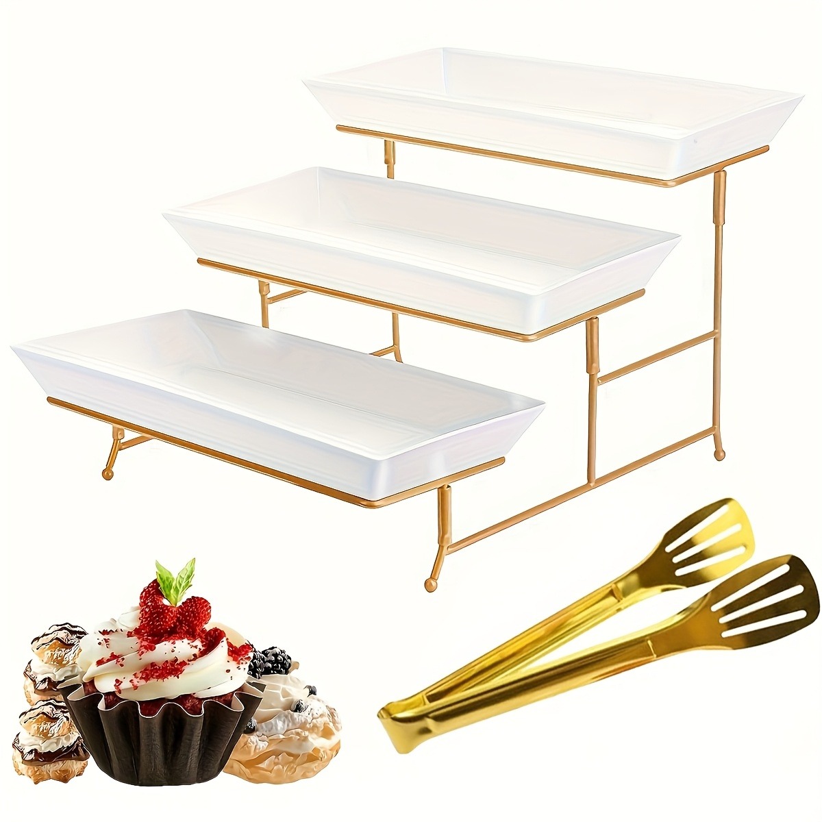 Cupcake Stand Tier - ชั้นวางเสิร์ฟแบบมีชั้นสีขาวพร้อมที่คีบ, ถาดพลาสติก 3 ชั้นพร้อมขาตั้งโลหะสำหรับคัพเค้ก โดนัท ผลไม้