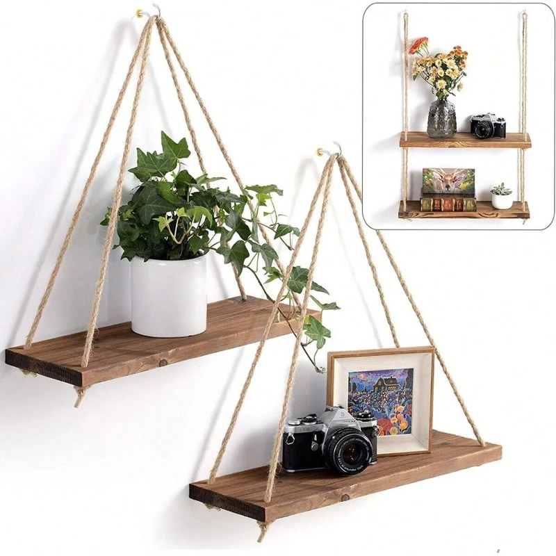 Flower Wall Panel - 1PC ไม้ Swing แขวนเชือกกัญชาชั้นวางติดผนังลอยห้องนั่งเล่นดอกไม้หม้อถาดเก็บตกแต่งสวน