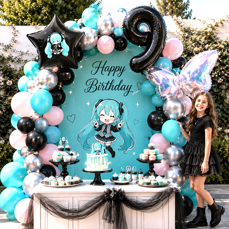 Balloon Arch Kit - ชุดตกแต่งซุ้มลูกโป่งธีมมิกุ, ลูกโป่งหลากสีสันสำหรับงานปาร์ตี้คอสเพลย์อนิเมะและงานฉลองวันเกิด