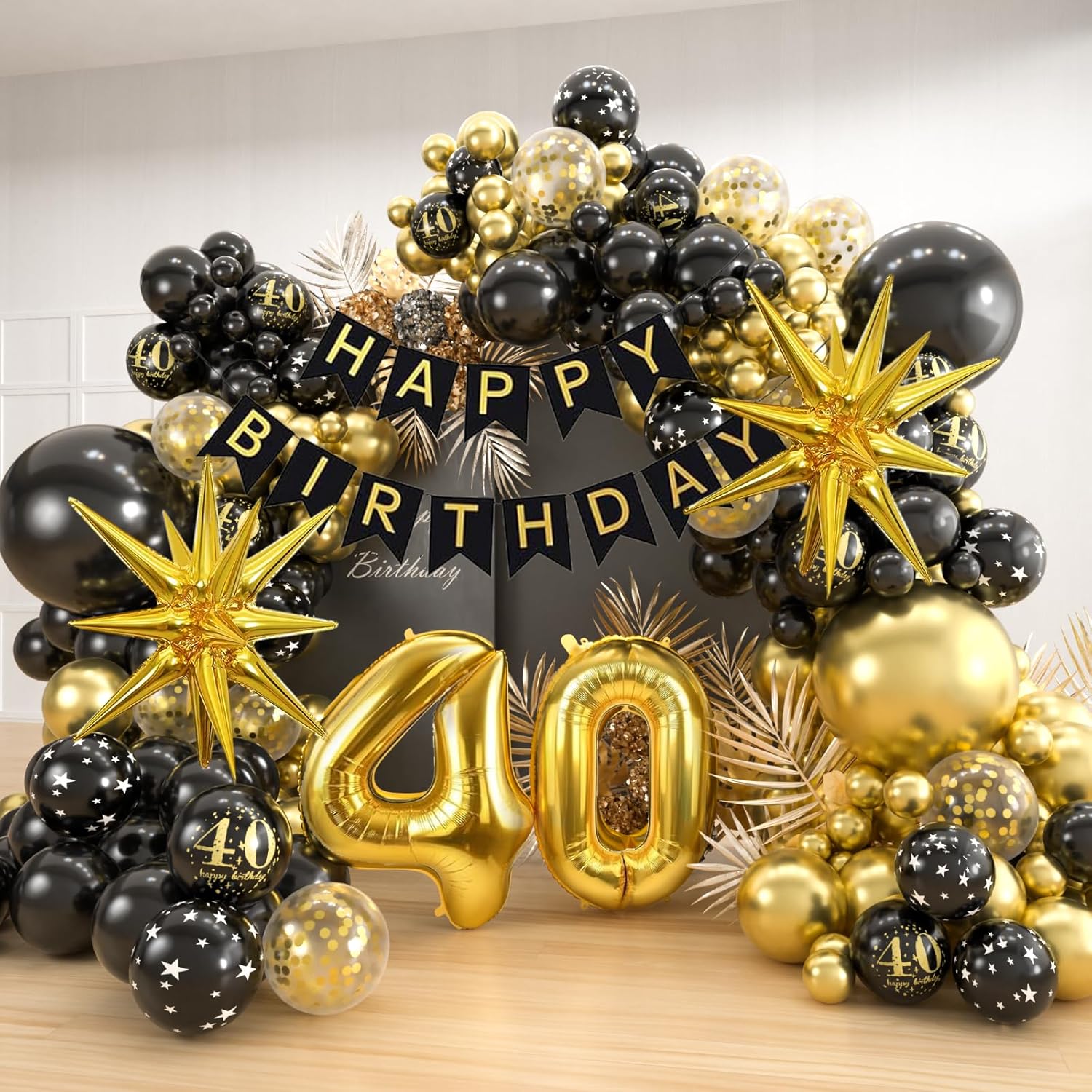 Balloon Arch Kit - ชุดอุปกรณ์ตกแต่งซุ้มลูกโป่งสีดำทองครบรอบ 40 ปี พร้อมป้ายแฮปปี้เบิร์ธเดย์ หมายเลข 40