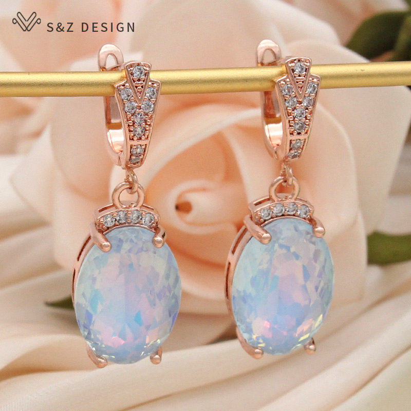 Event Z - S & Z ออกแบบแฟชั่นใหม่เพชรสังเคราะห์ขนาดใหญ่ที่มีสีสันต่างหูจี้คริสตัลรูปไข่สำหรับงานแต่งงานผู้หญิง585เครื่องประดับสีทองคำสีกุหลาบ