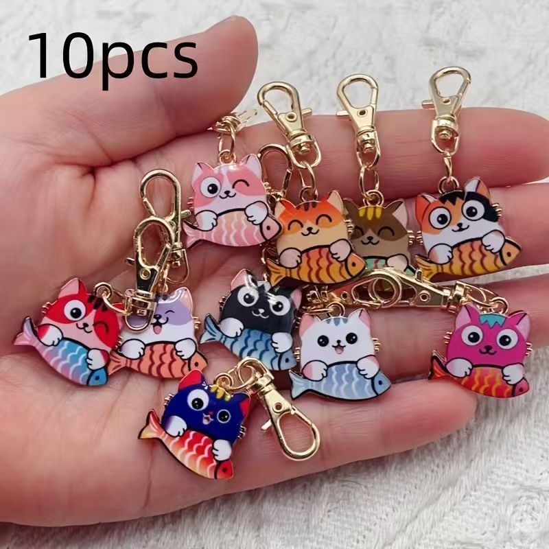 Party Favor Bag - พวงกุญแจแมวลายพิมพ์โลหะผสม 10 ชิ้น เหมาะสำหรับใช้เป็นของตกแต่งกระเป๋าและกระเป๋าสตางค์ เป็นตัวเลือกที่ดีที่สุดสำหรับของขวัญ